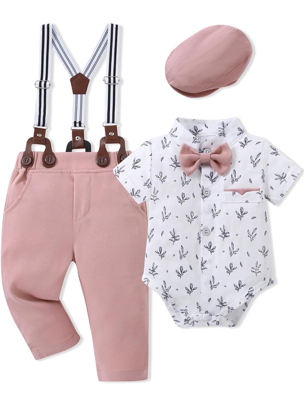 Pink Baby Boy Suspender Outfit Set with Bow Tie 9to 12 months